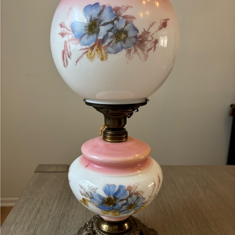 Floral Glass Table Lamp with Pink and Blue Accents - Picture 7 of 15